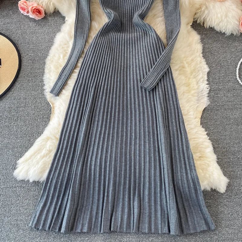 Women Chic Turtleneck Long Sleeve Sexy A-line Sweater Dress Vintage Korean Fashion Knit Vestido Elegant Autumn Winter Knitwear