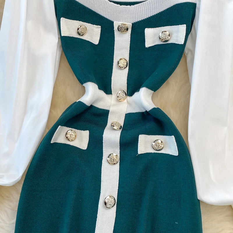 Vintage Elegant Patchwork Square Neck Long Sleeve Knit Dress Casual Women Fashion High Waist Summer Spring Hip Wrap Dress