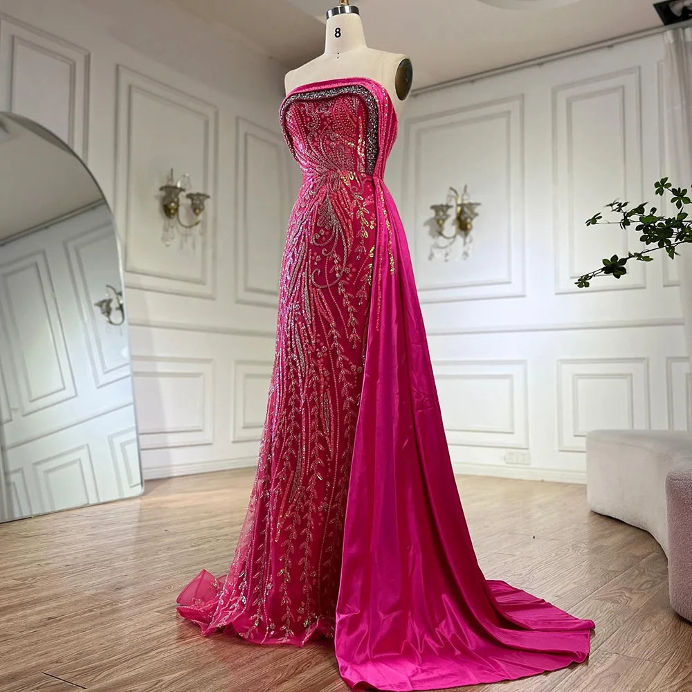 Serene Hill 2024 Arabic Nude Strapless Satin Mermaid Beaded Luxury Dubai Evening Gown with Side Skirt for Women's Party BLA72665
