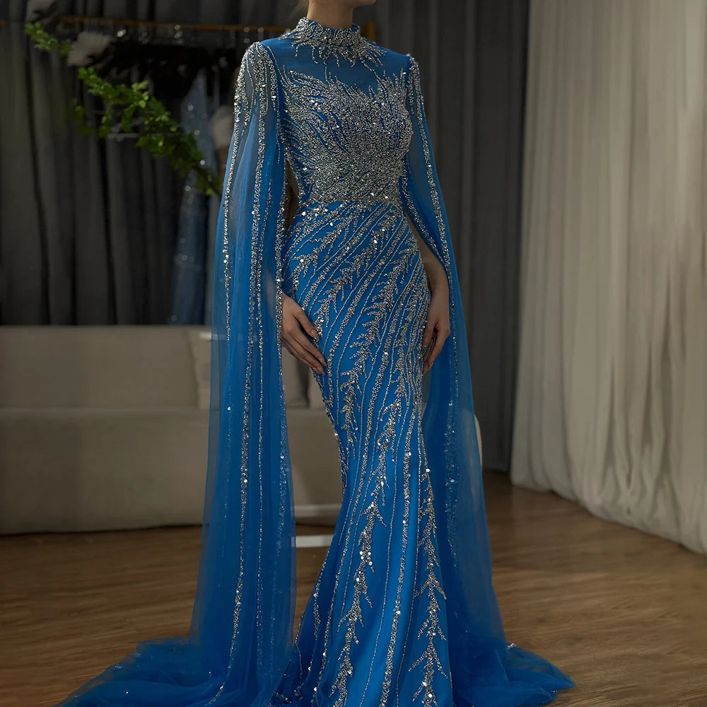 Serene Hill 2024 Nude Cape Sleeves Mermaid Lace Beaded Luxury Dubai Long Evening Dresses Gowns For Formal Occasion LA71885A