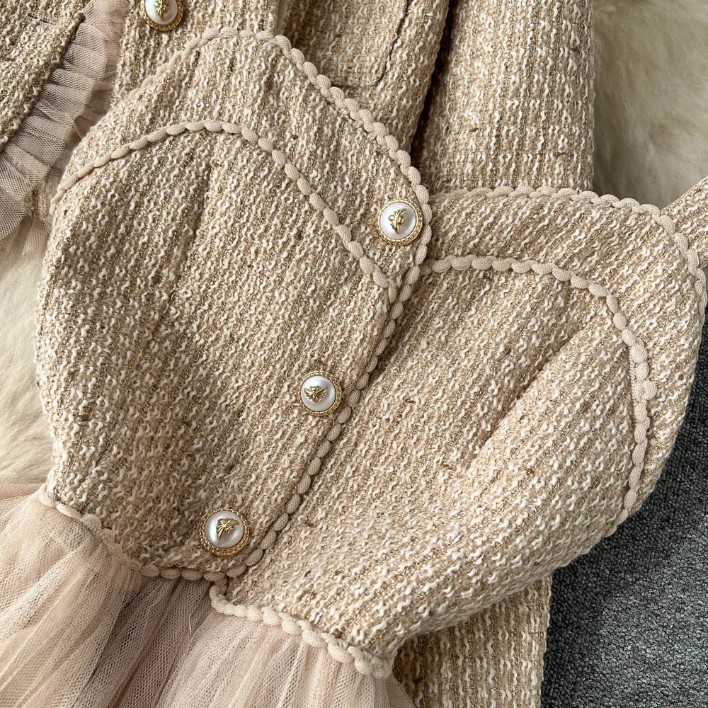 Elegant Small Fragrance Two-Piece for Women's Strap Mesh Midi Dress+Short Thick Tweed Jacket for Women's Spring and Autumn Set