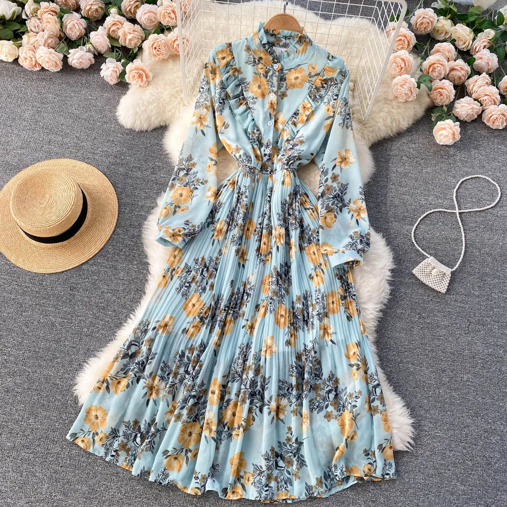 Retro Floral Print Pleated Elegant Chiffon Maxi Dress A-line Fashion Beach Vacation Party Dress Women Summer Spring Vestidos