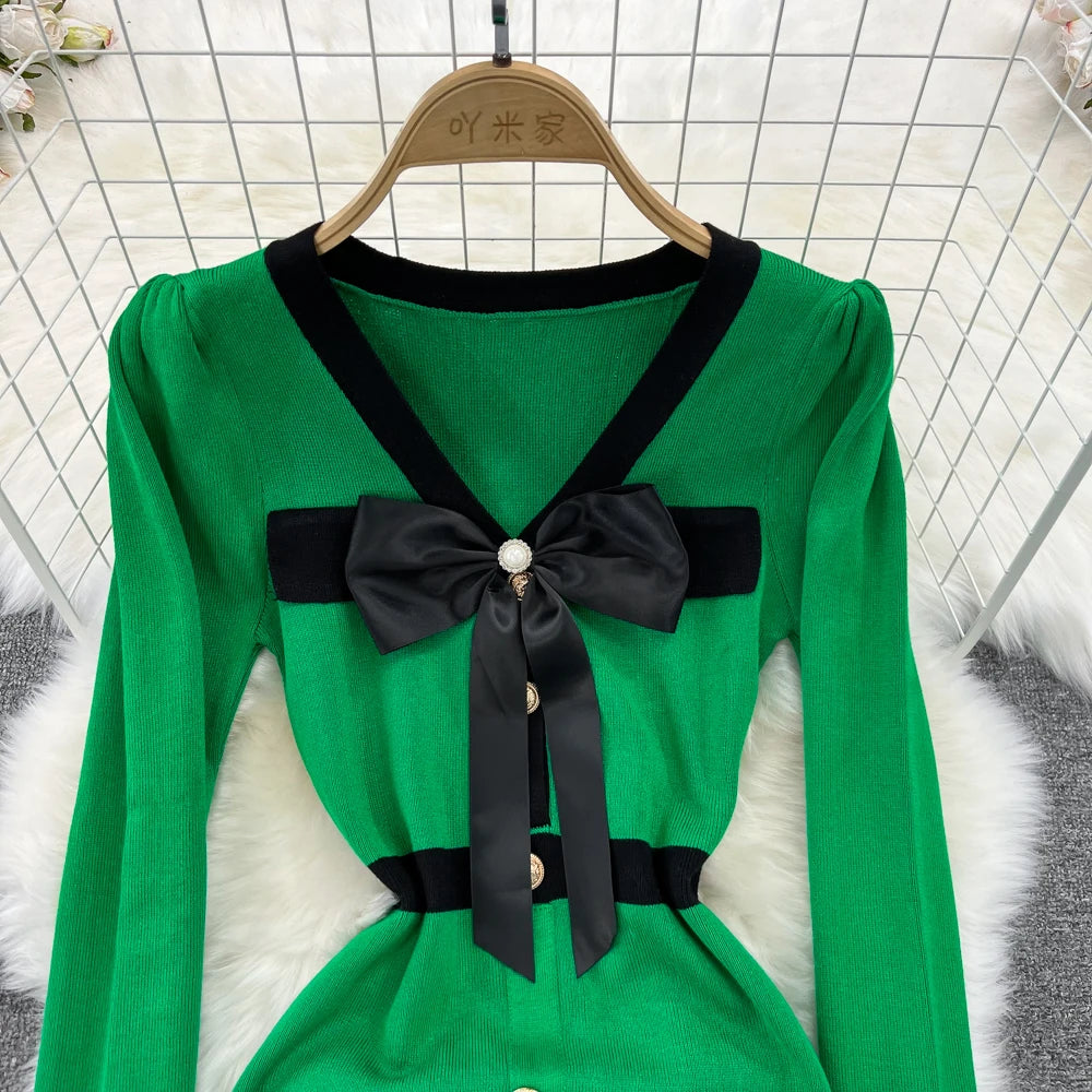Women Elegant Butterfly Long Sleeve Bodycon V Neck Split Dress Vintage French Slim Knit Tight Vestido Autumn Winter Sweater Robe