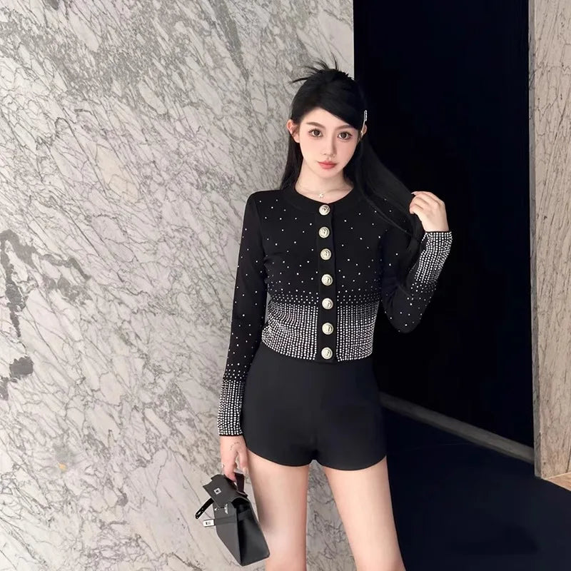 Rhinestone Decoration Knitted Cardigan Women Stylish Elegant Sweater Cropped Knit Jacket Single-breasted Chic Thin Coat Spring
