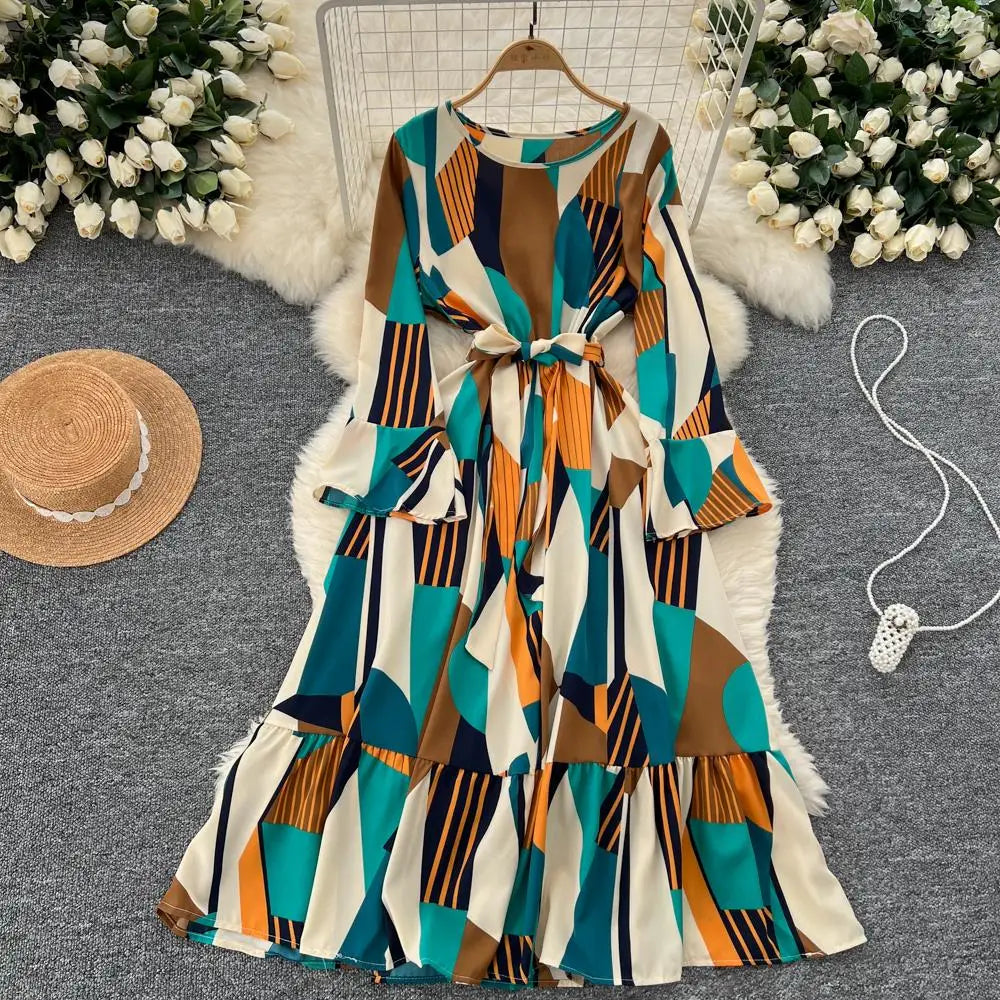 Women Vintage Print Dress for Women Autumn Flare Long Sleeves Lace Up Ruffles Slim Waist Evening Party Dresses A-Line Vestidos