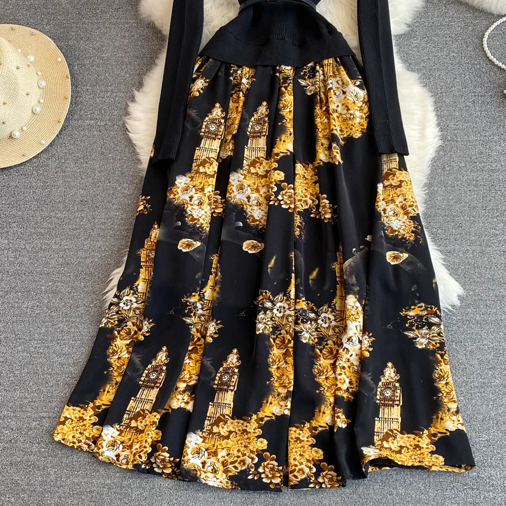 Women Chic Long Sleeve Stand Collar Patchwork A-line Dress Vintage Korean Fashion Knit Vestido Elegant Autumn Winter Knitwear