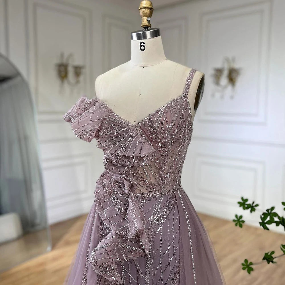 Serene Hill Golden Mermaid Evening Dress With Skirt - Women's Luxury Grey Beaded Spaghetti Strap Party 2024, LA72341