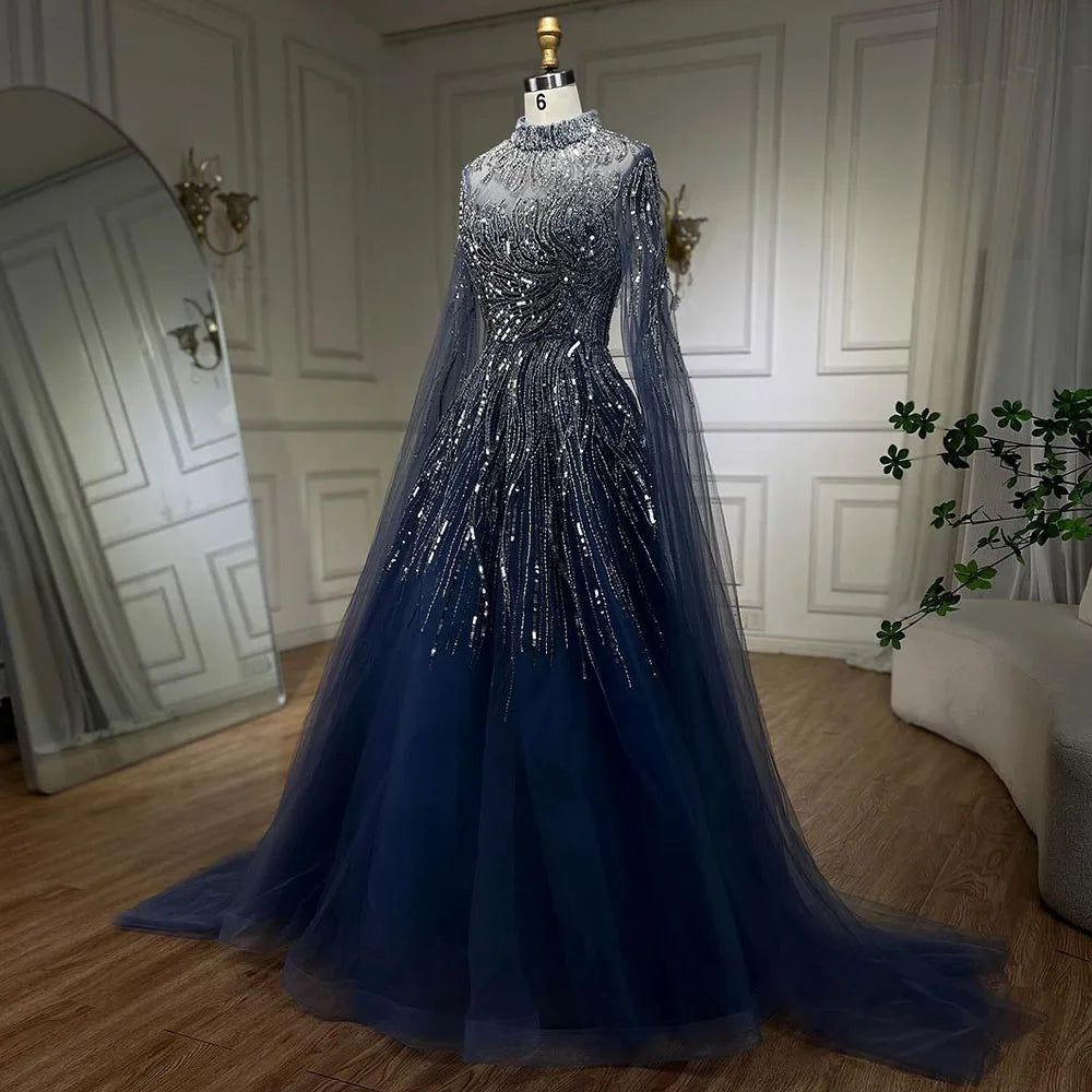 Serene Hill Caramel Luxury Evening Dresses with Cape Sleeves A-Line Beaded Lace Gown For Women's Wedding Party 2024 LA72386