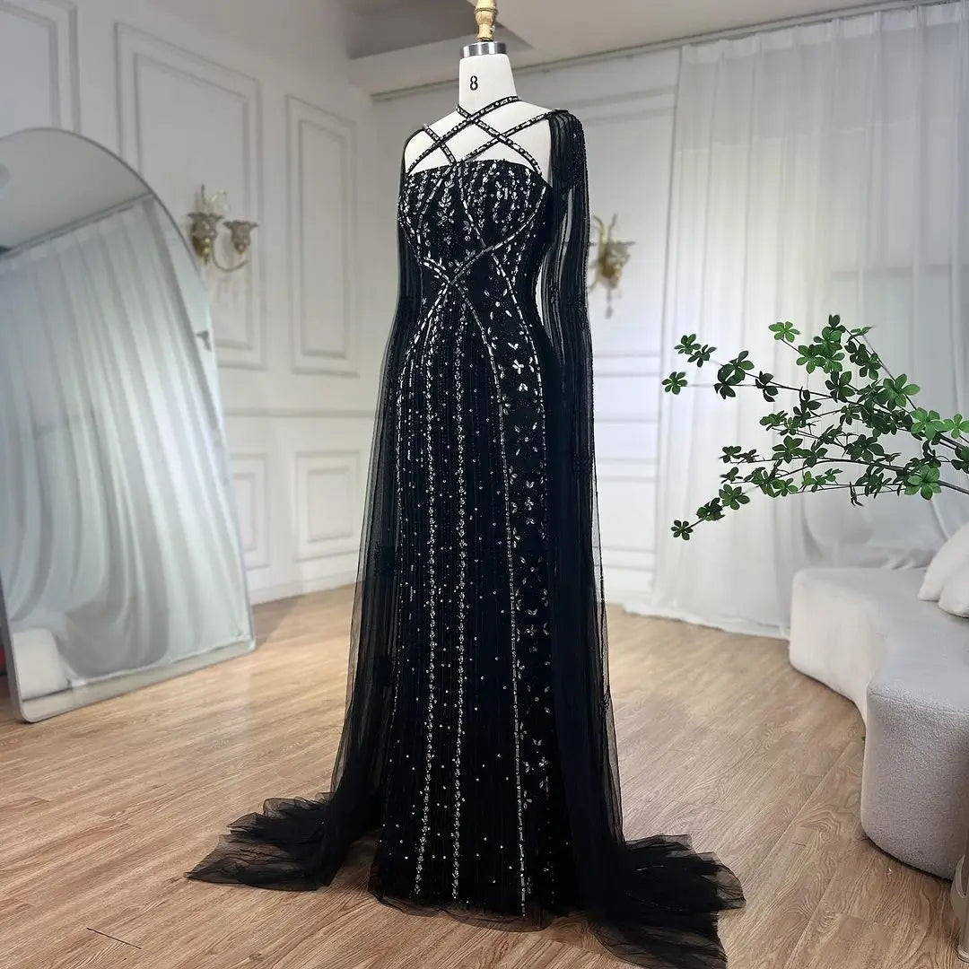 SERENE HILL Arabic Caramel Mermaid Elegant Cape Sleeves Beaded Luxury Evening Dresses 2024 Formal Gown For Women Party GLA71905A