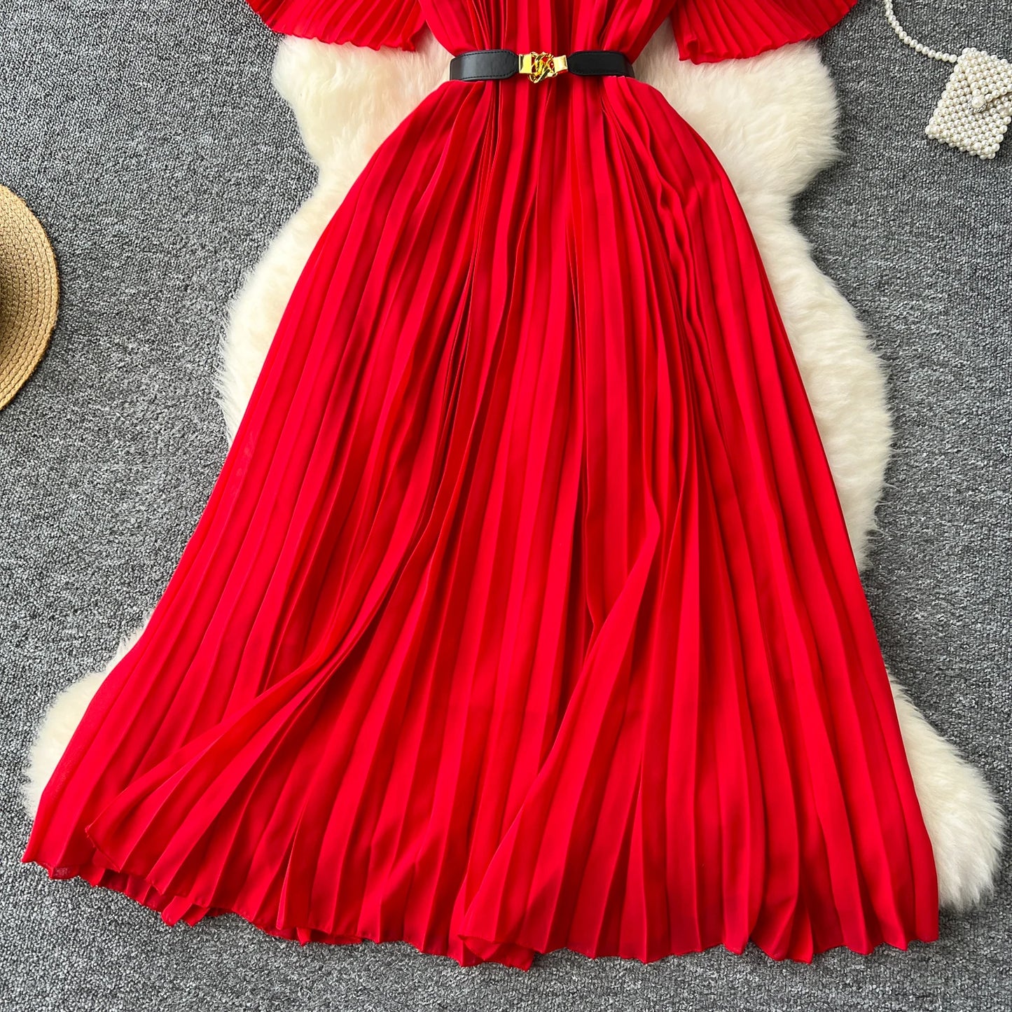 French mesh PATCHWORK Three-dimensional flower Sweet Dress Women Summer Waist Cinching pleated chiffon Dresses
