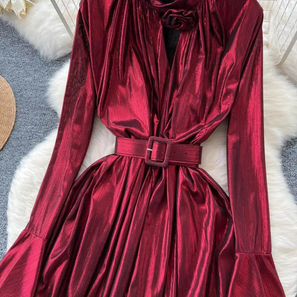Autumn Vintage Pleated Women Long Dress Elegant Stand Collar Solid A-Line Party Prom Vestidos Female Birthday Clothes Mujers