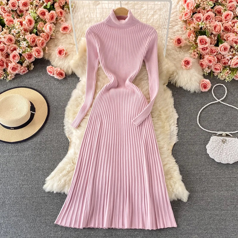 Women Chic Turtleneck Long Sleeve Sexy A-line Sweater Dress Vintage Korean Fashion Knit Vestido Elegant Autumn Winter Knitwear