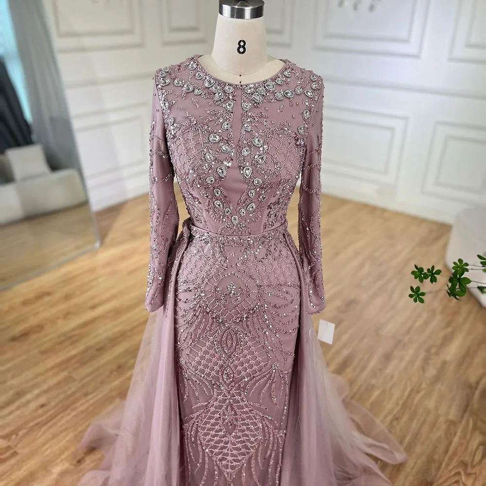 Serene Hill Muslim Silver Nude Mermaid Gown with Detachable Overskirt Beaded Evening Dress for Women Wedding Party 2024 LA71919