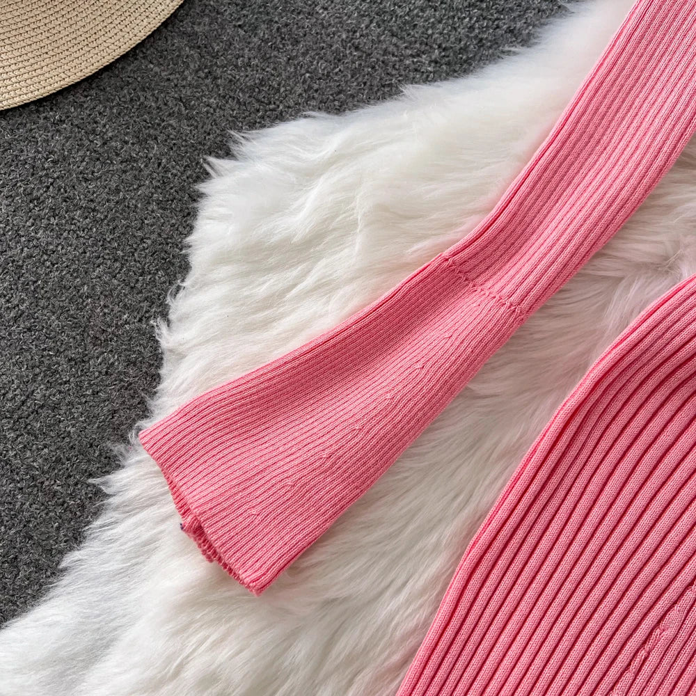 Women Chic Elegant Long Sleeve Bodycon Vneck Dress Sexy French Fashion Knit Wrap Vestidos Elastic Slim Pencil Sweater Dress