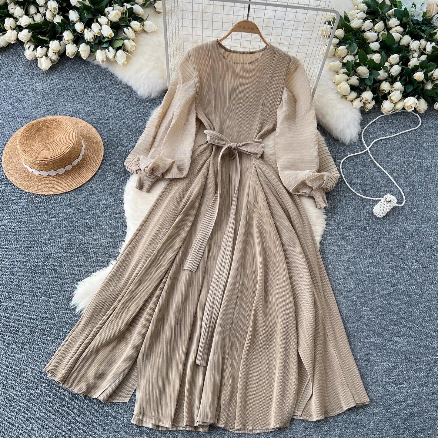 Vintage Elegant Lantern Sleeve Sweet Pleated Dress Women Basics Fashion Summer Spring Dresse