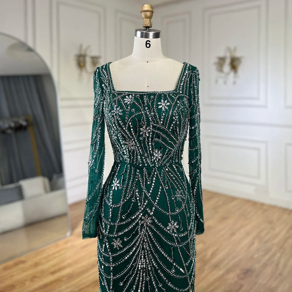 Serene Hill Luxury Dubai Green Mermaid Elegant Crystal Beaded Arabic Evening Dresses Gowns For Women Wedding Party 2023 BLA72242