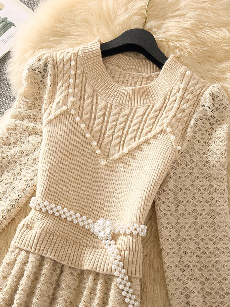 Long Sleeved Knitted Patchwork Dress Sweet O-neck Embroiled Flares Pullover Solid High Waisted A-line Dresses New Autumn 2024