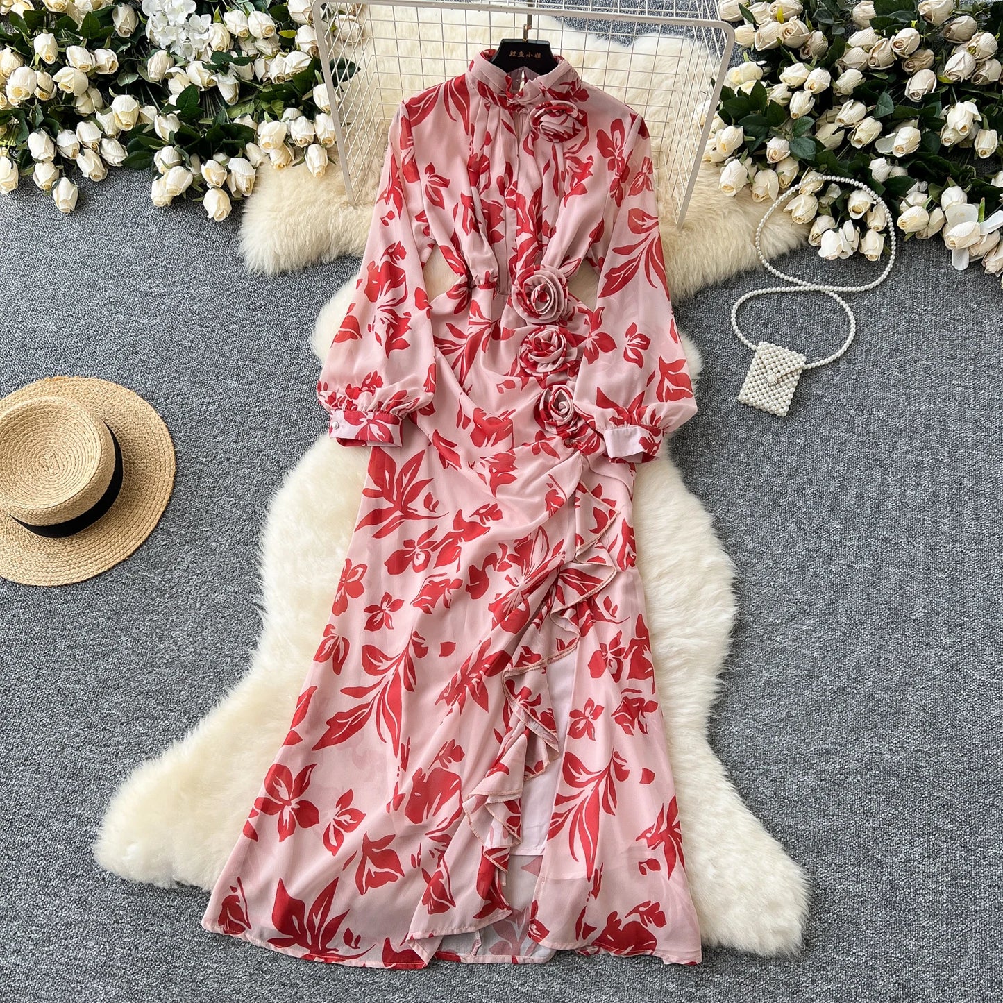 Chic French Sexy Pleated Floral Print Elegant Ruffle Dress Vintage Split Slim High Street Evening Women Autumn Winter Clothing