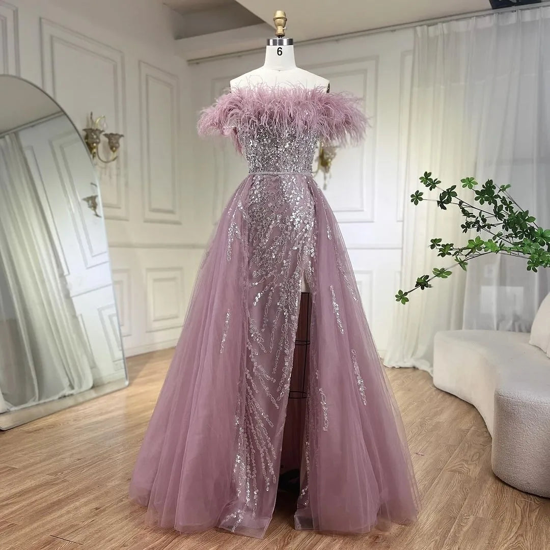 SERENE HILL 2024 Blue Feather Mermaid Luxury Beaded Evening Dresses Overskirt Formal Pink Gowns For Women Wedding Party GLA72061