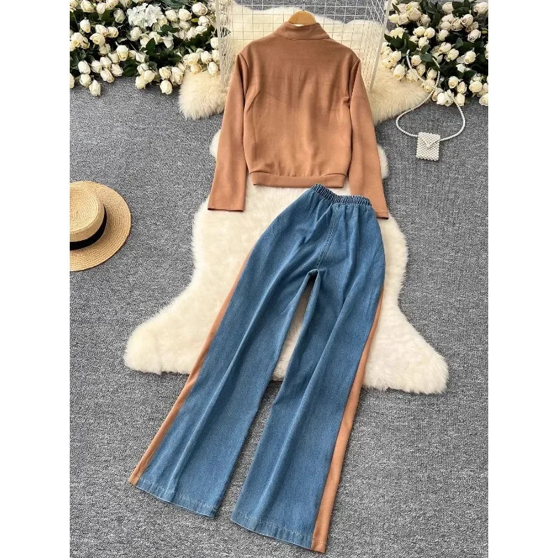 Fashion Two Piece Set Women Autumn Casual Sports Versatile Stand Up Collar Zipper Long Sleeved Top Jacket + Denim Patchwork Pant