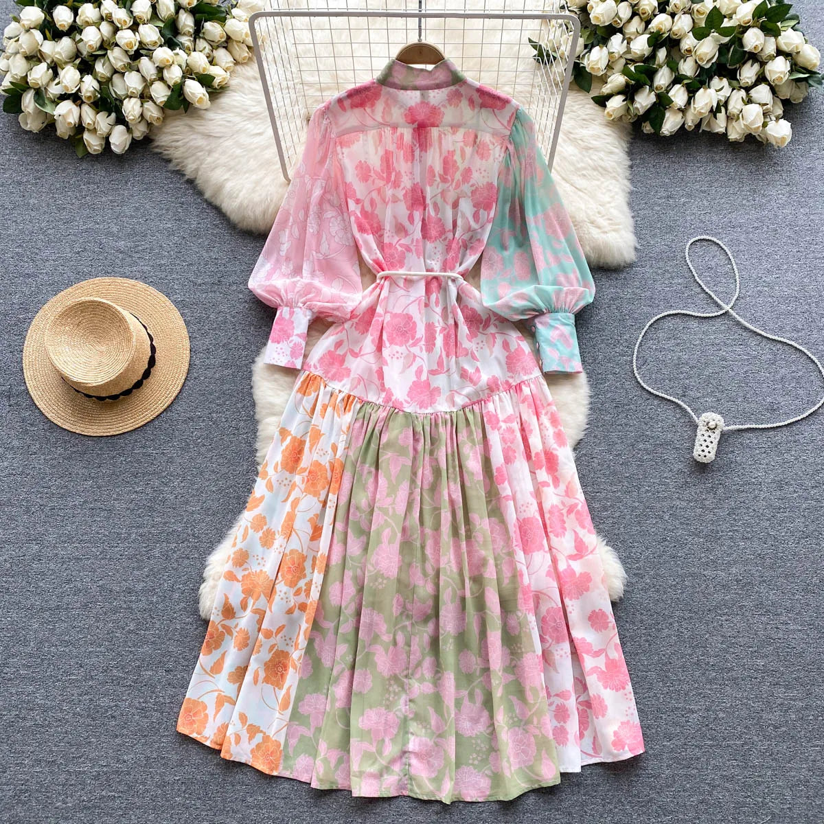 Chic Print Pleated Elegant Lantern Sleeve Dress A-line Casual Lace Up Vacation Party Dress Women Fashion Autumn Spring Vestidos