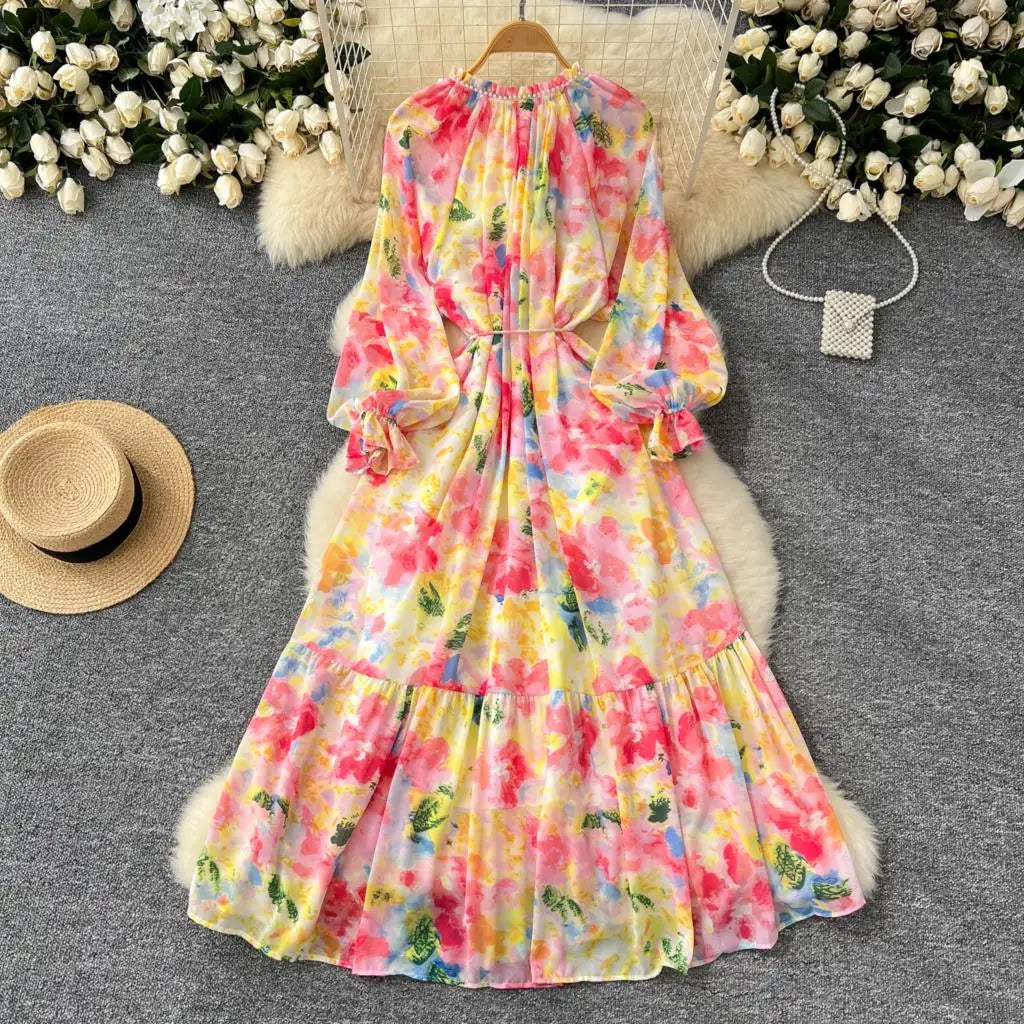 Elegant Floral Print Party Dress for Women French O-Neck Embroidered Flares Lace Up Lantern Long Sleeves Chiffon Long Dresses