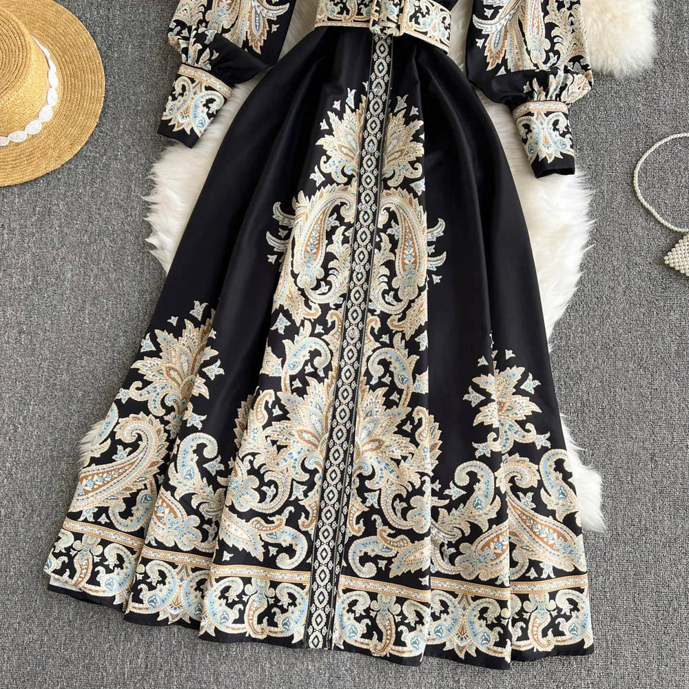 Retro Printed Party Dress Women Polo Collar Long Sleeve Elegant Long Dresses Spring Autumn French Single Breasted Shirt Dress