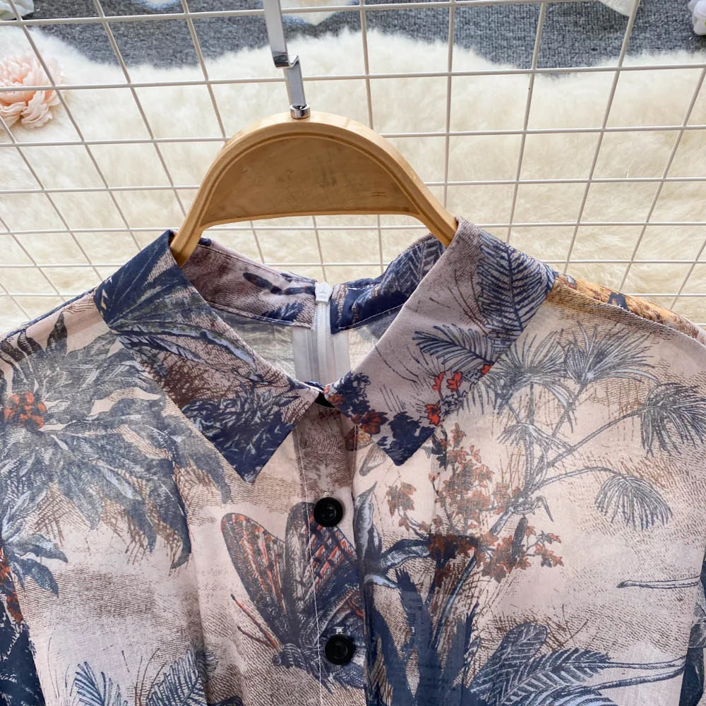 2022 Women Vintage Party Dress Summer French Elegant Print Dress Ladies High Waist Retro Single Breasted Belt Casual Long Dress