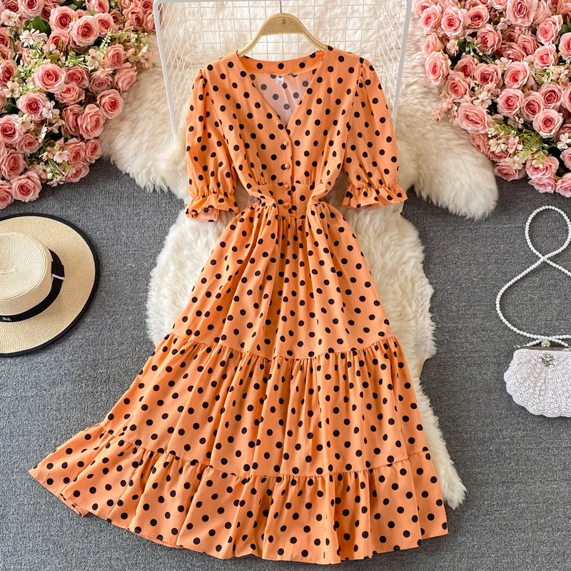 New Summer Women's Fashion Vintage Polka Dot Midi Dress Elegant and Chic A-Line Party Casual White Black Vestidos Female Robe