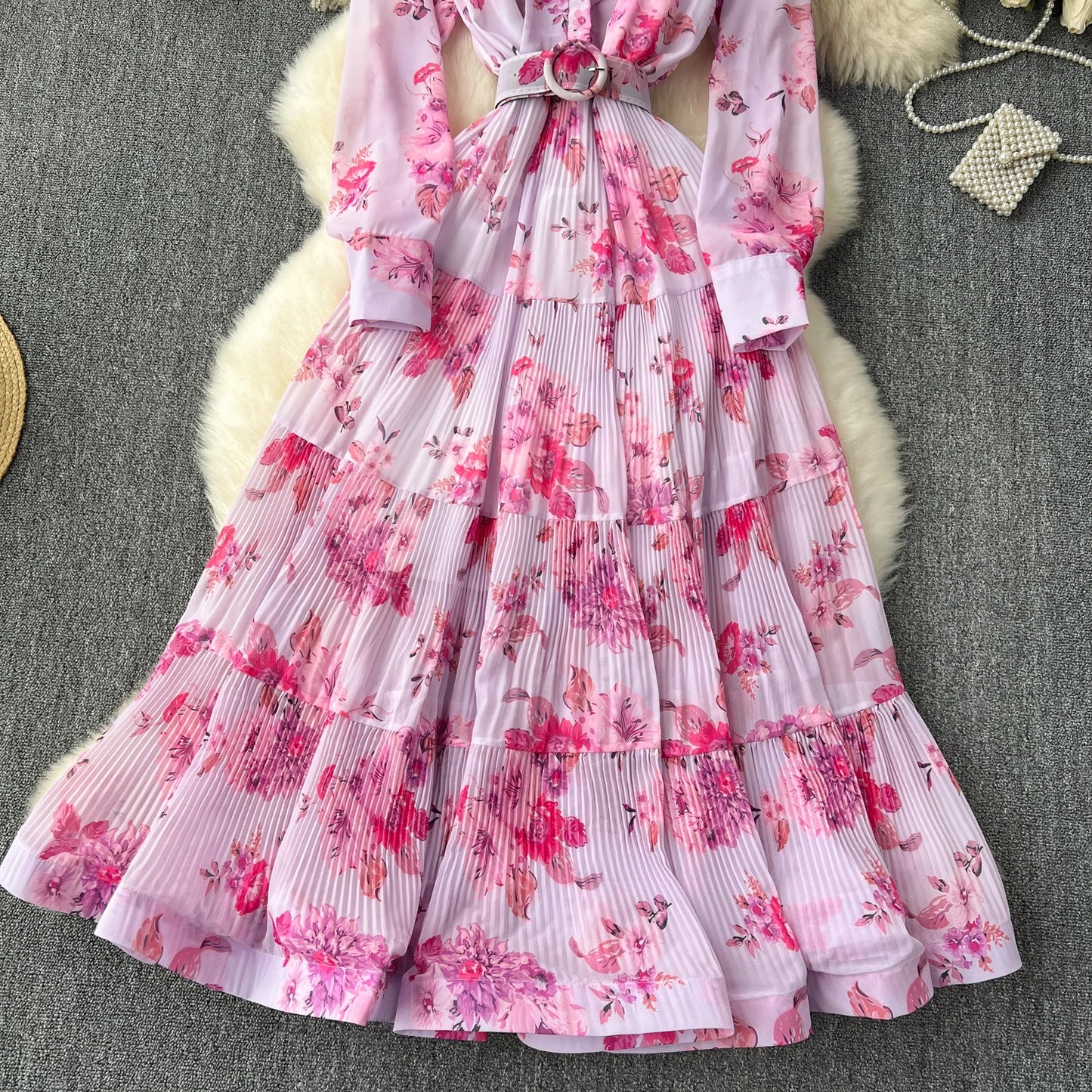 French Vintage Ruffle Lace-up Bow Puff Sleeves Long Sleeves Dress korean fashion Casual Women Fashion summer dresses