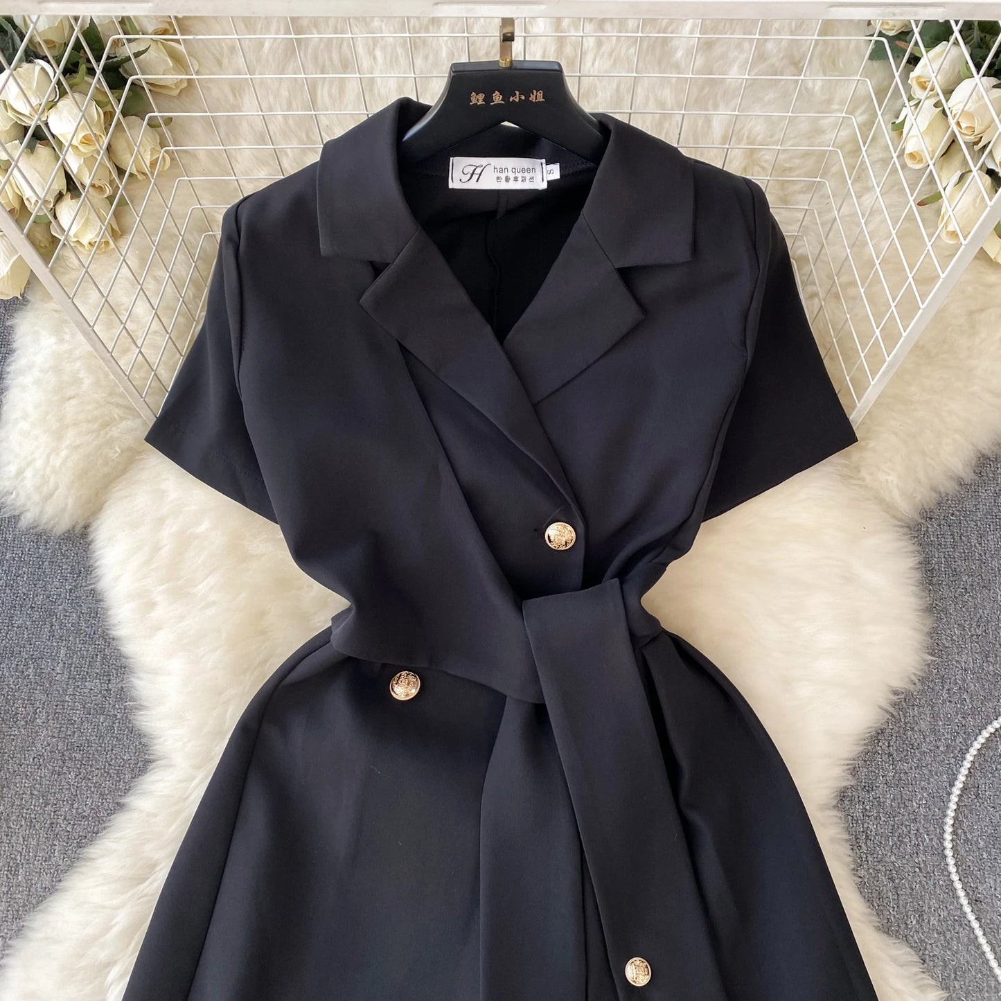 Retro Black Blazer Dress Women Lapel Short Sleeved Short Dresses Summer Casual Short Sleeve Slim Bandage Dress Vestidos