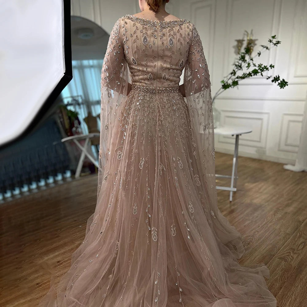 Serene Hill 2024 Muslim Pink A Line Beaded Elegant Cape Sleeve Luxury Evening Dresses Gowns For Women Wedding Party LA71803A