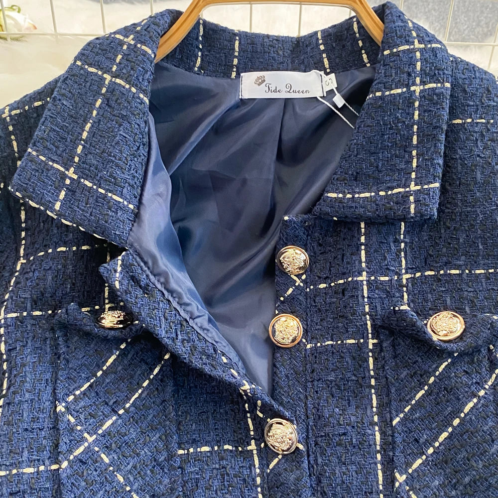 Women Checkered tweed Blazer 2-Piece Set Elegant Small Fragrance Wind Outfit Cropped Jacket+Mini Dresses Suit for Spring Autumn