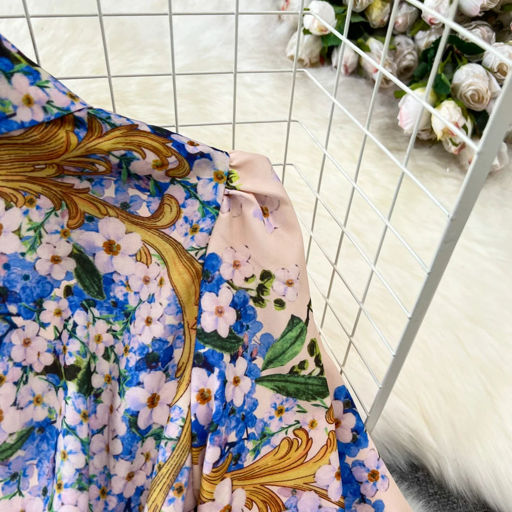 Vintage Print Elegant Lantern Long Sleeve Lapel A-line Dress Casual Women Fashion Autumn Spring Dress