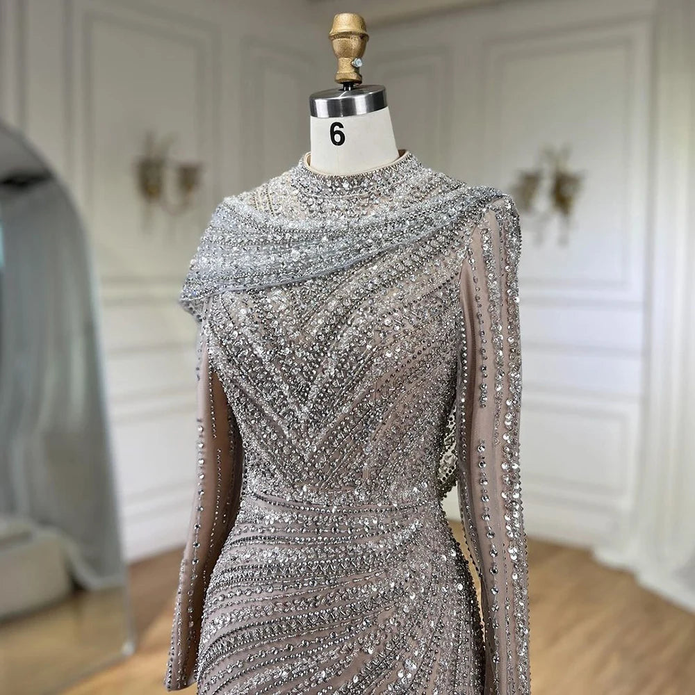 Serene Hill 2024 Muslim Silver Nude Beaded Sparkle Elegant Luxury Mermaid Evening Dresses Gowns for Women Party LA70752H
