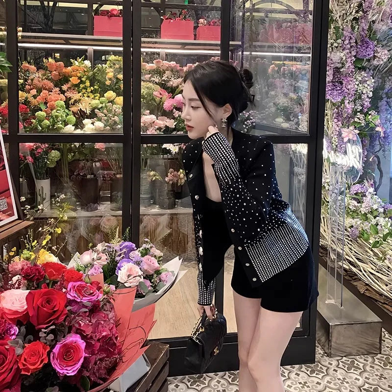 Rhinestone Decoration Knitted Cardigan Women Stylish Elegant Sweater Cropped Knit Jacket Single-breasted Chic Thin Coat Spring