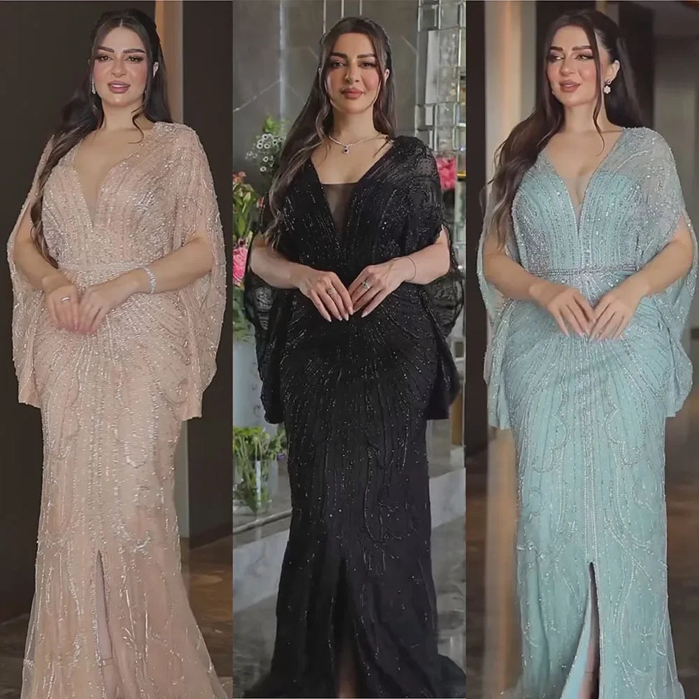 SERENE HILL 2024 Arabic Gold Elegant Mermaid Black Luxury Beaded Evening Dresses Gowns Diamond For Women Wedding Party GLA72288A