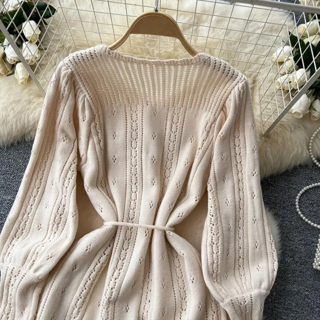 Elegant Autumn Solid Knitted Dresses for Women Sweet Hook Flower Hollow Strap A-line Korean Fashion Casual Vestidos Mujer New