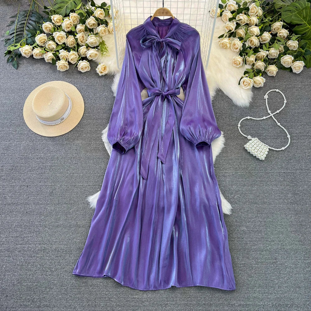 Autumn Elegant Women Fashion Party Long Dress Bow Lace Up Long Sleeve Evening Dresses A-Line Casual Vestidos One Piece Prom Robe