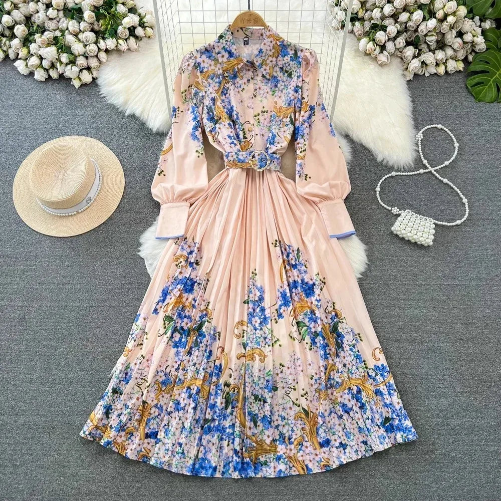 Vintage Print Elegant Lantern Long Sleeve Lapel A-line Dress Casual Women Fashion Autumn Spring Dress