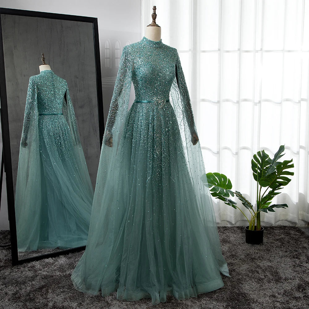 Serene Hill Blue A-Line High-end Beaded Luxury Cape Sleeves Evening Dresses Gowns 2024 For Woman Party Plus Size LA70066B