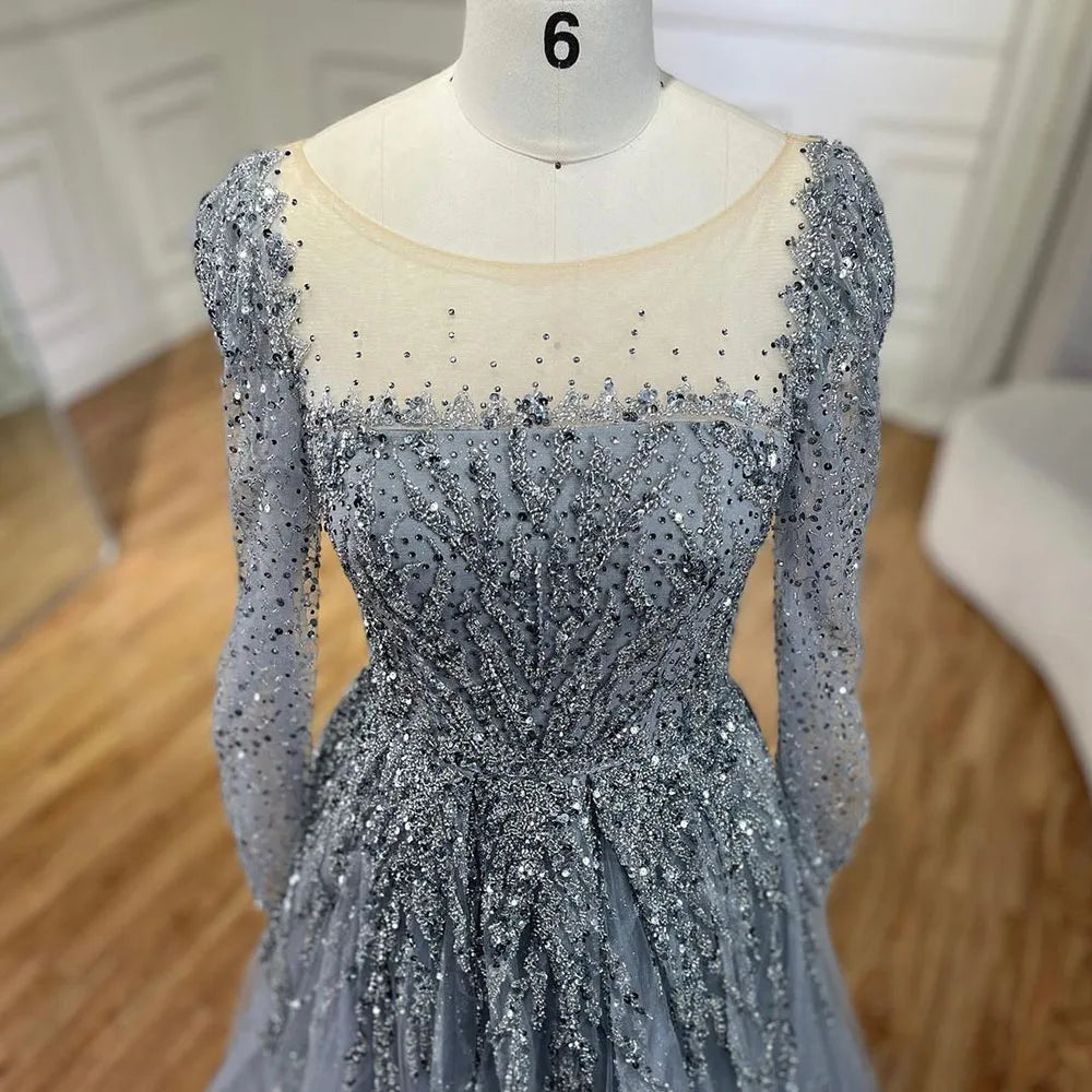Serene Hill Muslim Pink A Line Beaded Luxury Dubai Long Evening Dresses Gowns 2024 For Woman Wedding Party LA71915