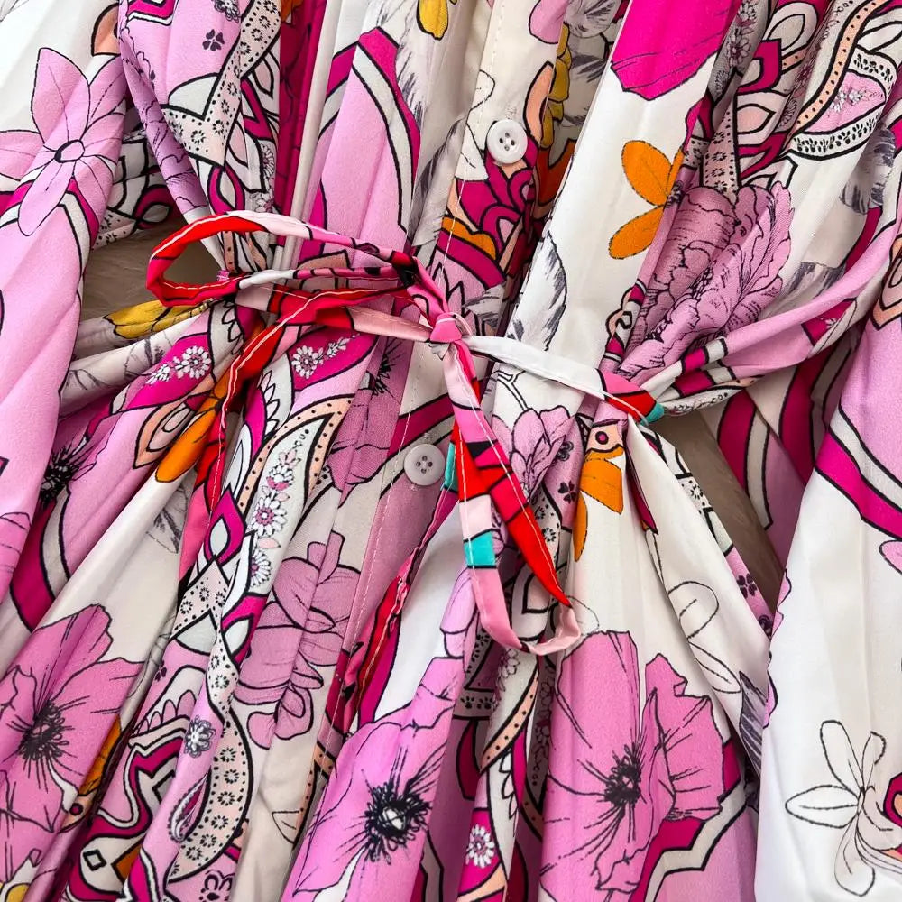 Elegant Women Casual Floral Print Party Dress Vintage Lantern Sleeve A-Line Pleated Prom Birthday Clothes Female Fashion Robe