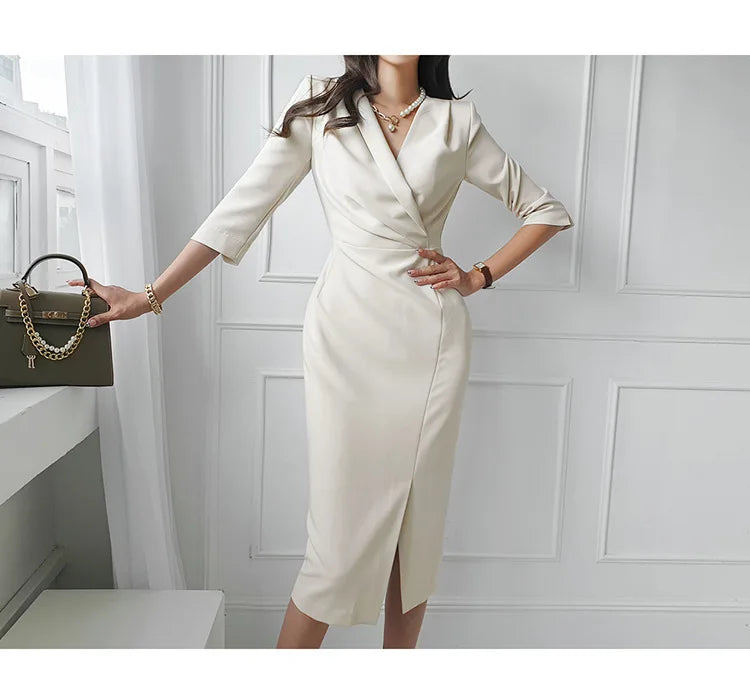 Commuting Style V-neck Mid length One Step Dress with Belt Autumn New Office Women's Slim Fit Waist Closing Beige Split Dresses