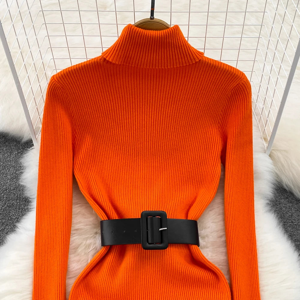 Elegant Turtleneck Long Sleeve Knit Soft Tight Pencil Dress with Belt Slim Fashion Warm Sweater Vestido Sexy Women Winter Robe