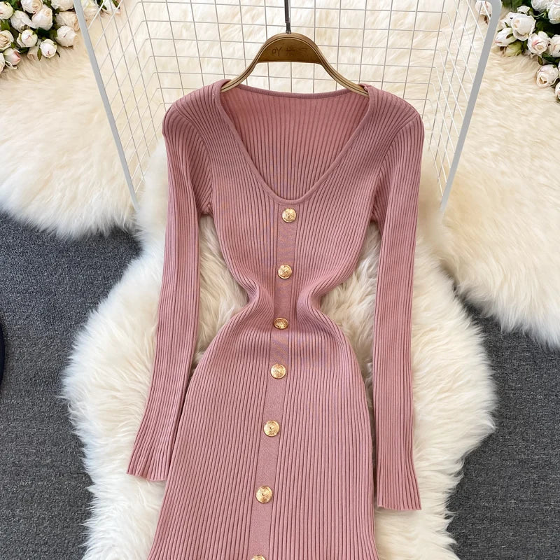 Chic V Neck Long Sleeve Elegant Mermaid Dress Sexy slim Evening Party French Fashion Knit Vestidos High Waist Autumn Slim Robe