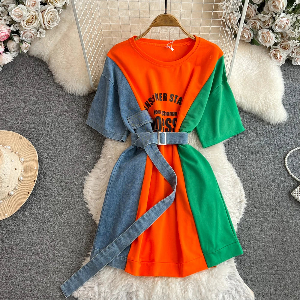 Women Summer Casual T Shirt Short Sleeve Streetwear Patchwork Denim Long Shirts Female O-neck Slim Jeans Tops