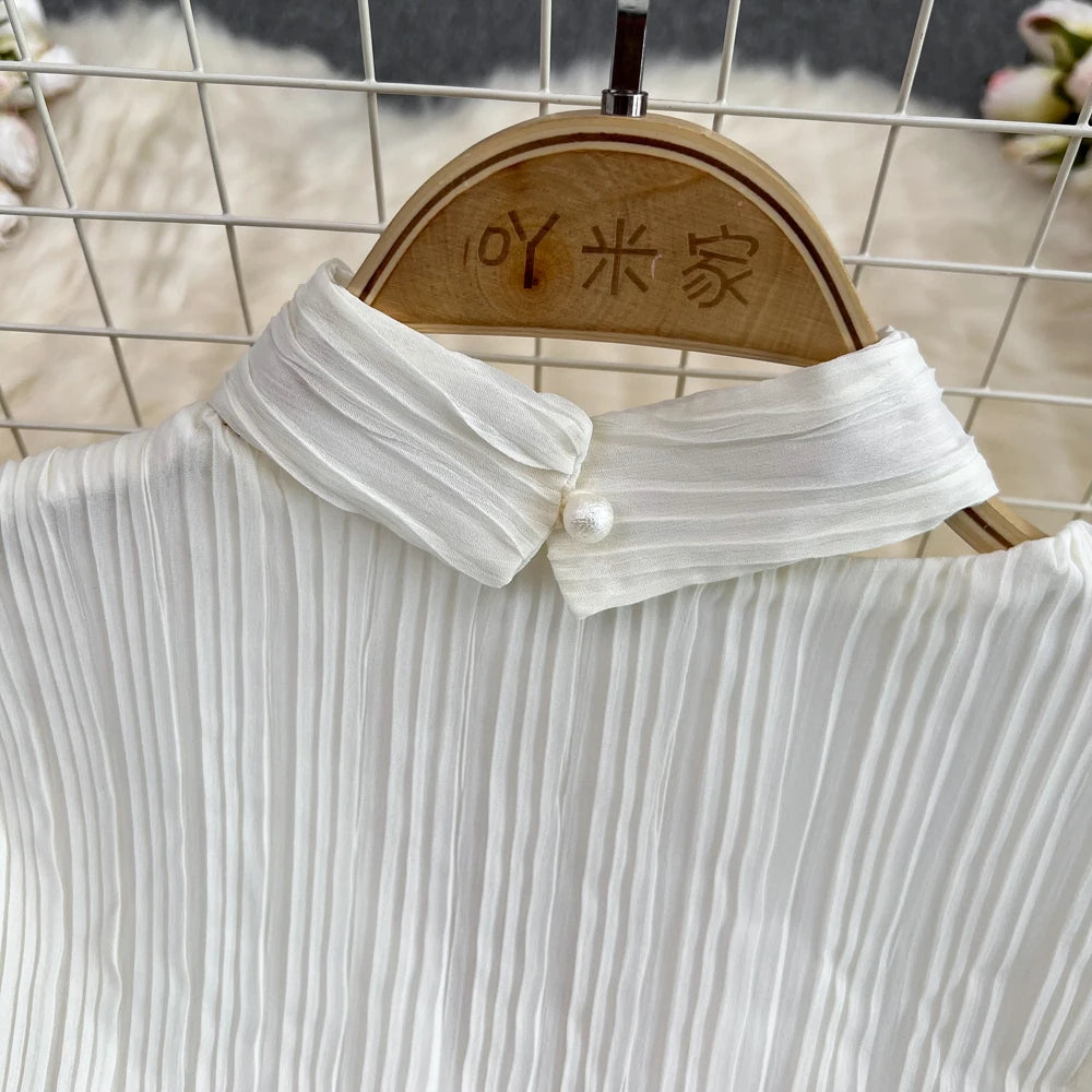 Autumn Solid Pleated Long Dresses for Women Halter V-Neck Flare Sleeve Wedding Party Dress Korean Fashion One Piece Vestidos New