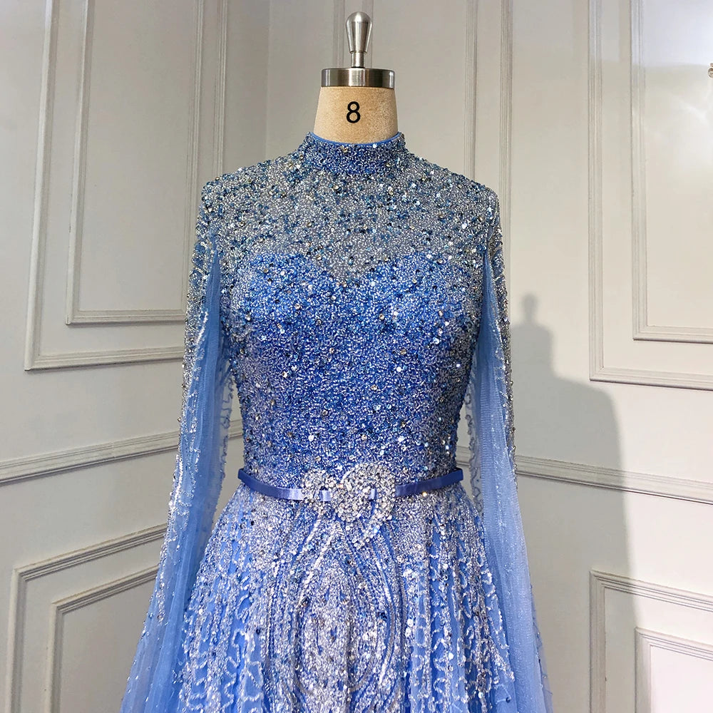 Serene Hill Blue A-Line High-end Beaded Luxury Cape Sleeves Evening Dresses Gowns 2024 For Woman Party Plus Size LA70066B