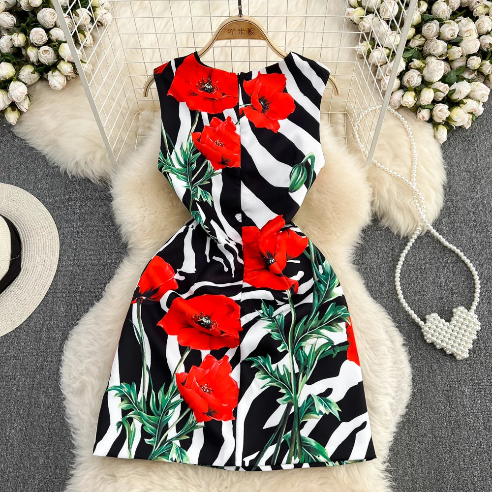 New In Dresses Summer Clothes For Women 2023 Fashion Elegant Vintage Print Party Dress Round Neck Sleeveless A Line Mini Dress